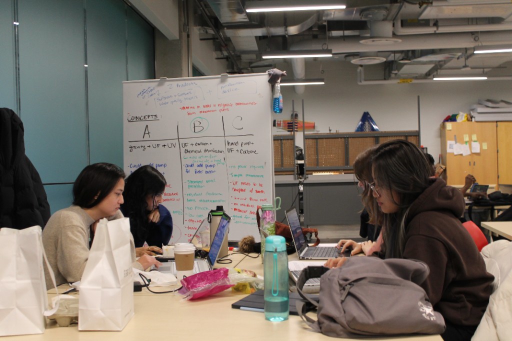 A team working at a table with a concepts whiteboard behind them